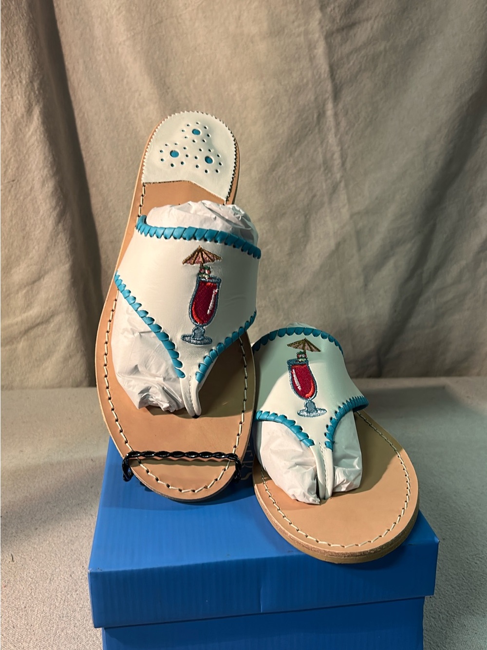 Jack Rogers White & Turquoise Embroidered Cocktail Slide Sandals